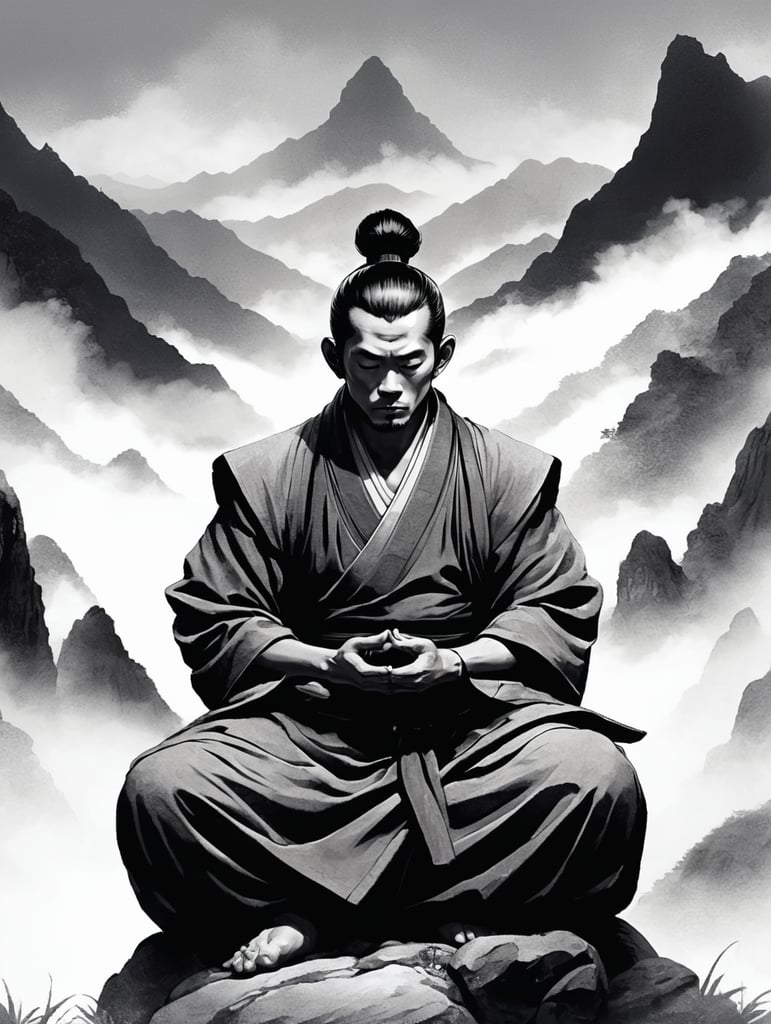 Anime Monk meditating in mountains