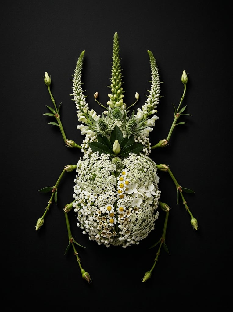A flat-lay botanical arrangement of a horned beetle against a solid black background. Densely packed white blossoms form the main body. Spiky green and white flower spires create three upright horns. Angled green stems with closed buds serve as six jointed legs. High-contrast studio lighting.