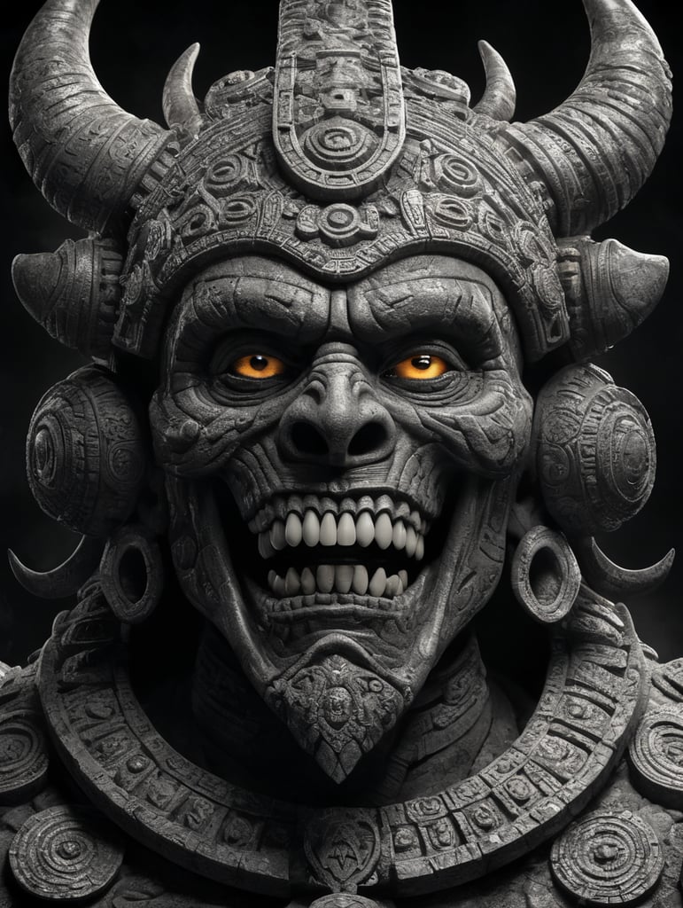 Mictlantecuhtli, the ancient Aztec god of the underworld, depicted predominantly in black and white with subtle shades of gray, Mictlantecuhtli's face represents intense rage, furrowed brows, and eyes blazing with anger. His features are sharp and clear, with deep-set eye sockets. Elongated bone structures form his skeletal appearance, emphasizing the otherworldly nature of his being. jagged teeth, stained and yellowed, protrude menacingly from the mouth, Against the backdrop of the Aztec underworld known as Mictlan.