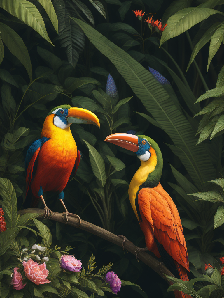 create an illustration in the victorian style of William Morris featuring Tucan birds in a lush jungle setting. The illustration should be etched and contain no more than three vibrant colours
