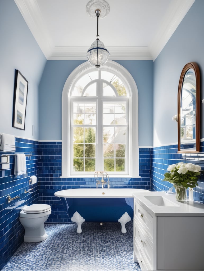 interior, bathroom in a victorian architectural style, clean modern design featuring blue and white color scheme, beautiful light