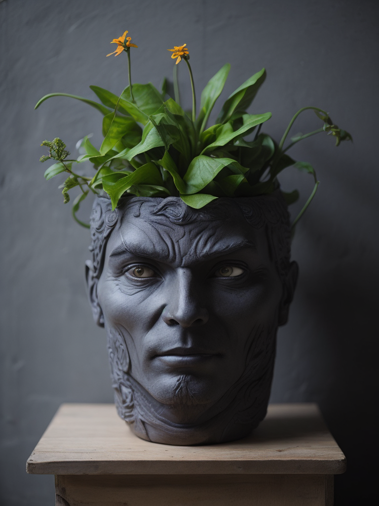 super hero flower pot, deep carved black clay, dark atbosphere