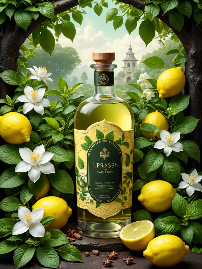 Un'illustrazione stilizzata di un giardino lussureggiante con alberi di limoni e lime, piante di menta e fiori di gelsomino. Nel centro del giardino, potresti rappresentare una bottiglia stilizzata del prodotto con una combinazione di colori che richiamano le tonalità dei vari ingredienti, come verde per il lime, giallo per il limone e così via. Aggiungi dettagli eleganti e sofisticati per suggerire le note di COGNAC, IRISWOOD, CLOVE e VETIVER, magari incorporando sfumature di legno e spezie. Nel background, potresti inserire immagini di quercia (per OAK), incenso bruciato e foglie di tabacco. Infine, per rappresentare la profumazione finale di MUSK, puoi inserire un tocco di sensuale eleganza, magari con una sfumatura di rosa pallida.