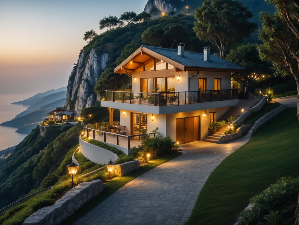 modern small cozy house on the top of a hight mountain with green trees and grass, a road leads to it, views of the village and the sea, photorealistic photo, walk paths, whide relax zone evening lights, lamps garland , wide parking zone