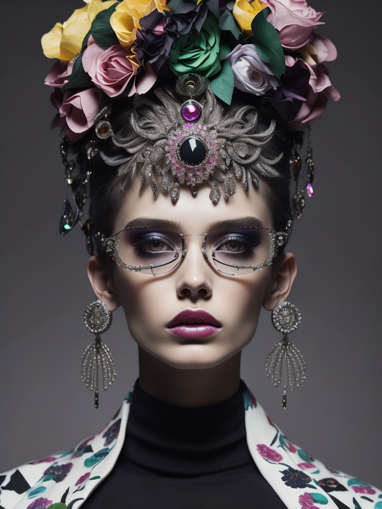insane bizzare eyeglasses, crystals, bright, colorful rgb, dream world, Alexander McQueen Glazier demonic boy, monster face, vampire, horrific, arty pose, fashion, massive huge jewelry, precious gems, massive pearls, giant white diamonds, retrofuturistic, crystal, marble, glass, floral, massive big flowers, gem flowers, hyper neon glow, dark, moody, diaphanous layered ultra haute couture, high definition, high resolution, bold vibrant colors , volumetric lighting, 8k, 3d rende, style by dior, style by channel, by Jimmy Marble and Takashi Murakami