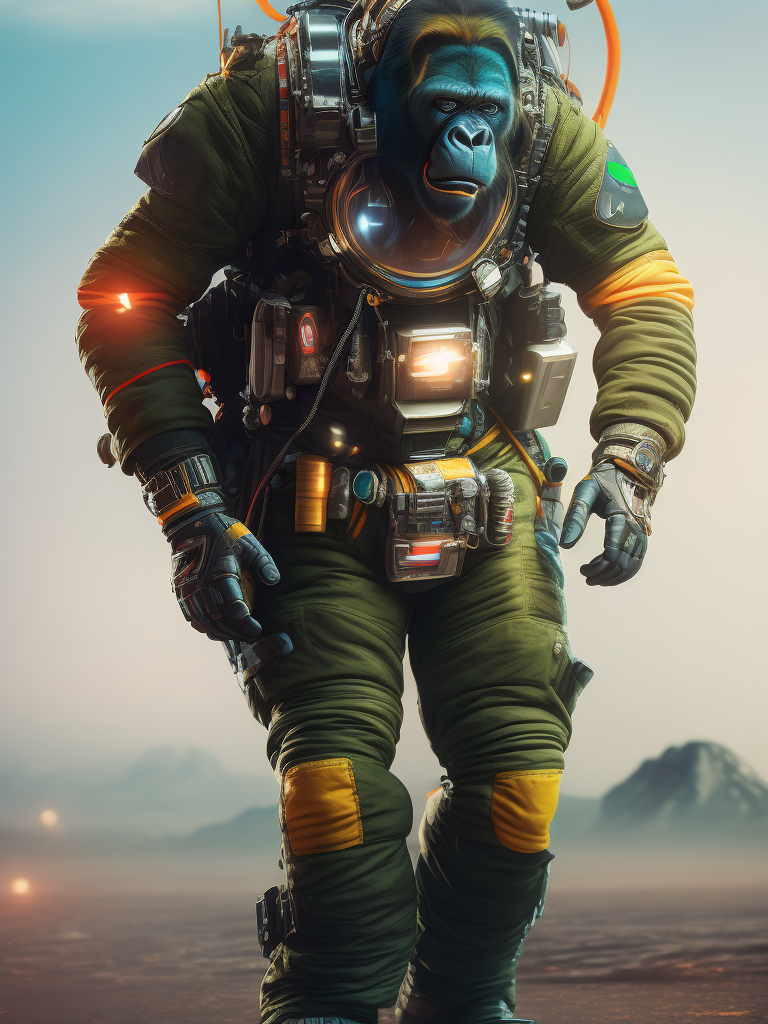 Portrait of anthropomorphic gorilla wearing space suit, ultra realism, super detailed, neon colors, magazine cover, professional shot, magazine photography, bright saturated colors, sharp focus, highly detailed