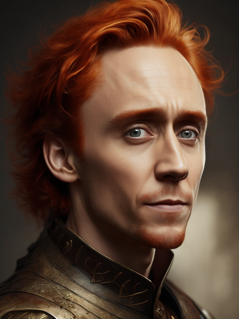 Portrait of Tom hiddleston with red hair in medieval style, detailed face, contrasting light