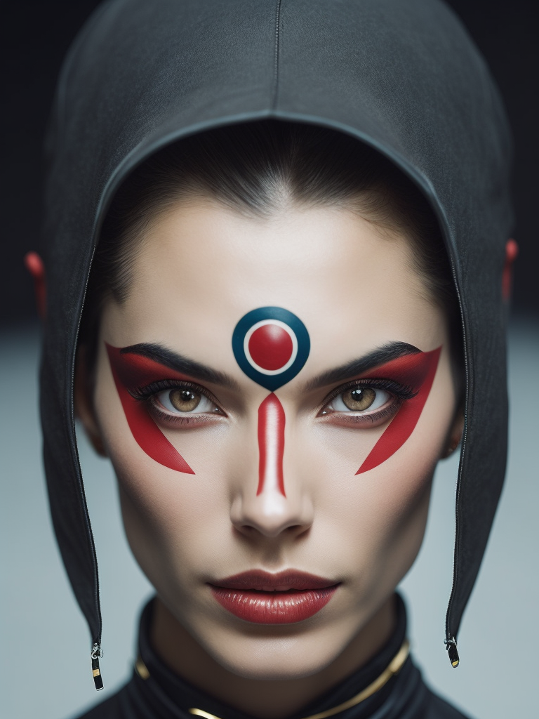 a woman with red facial tattoos and eye makeup, in the style of futuristic shapes, gregory colbert, symmetrical asymmetry, light blue and maroon, zen-inspired, gender-bending iconography, goblincore