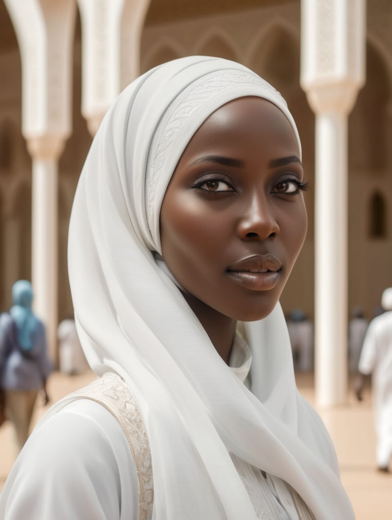 Senegalese women wearing white hijab at the touba masjid, 8k, realistic sony vi