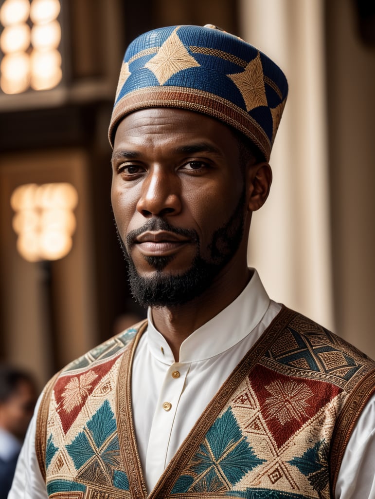 An african man wearing a fez hat made from hand-woven African patterns