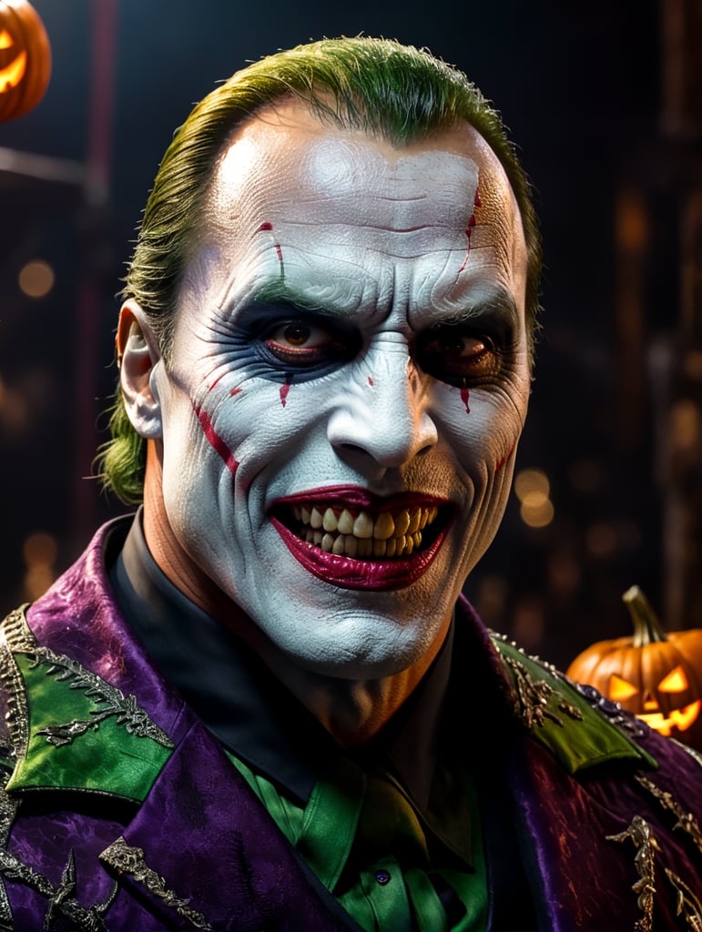 Dwayne Johnson wearing spooky Halloween costume in joker makeup ,Sinister, Vivid saturated colors, Contrast color