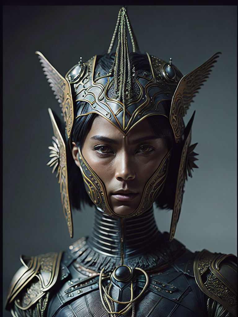 Masterpiece sculpture of an ornate japan shiled art mechanical robot samurai , and jean delville, symbolist, dramatic lighting, god rays, elaborate geometric ornament, art brut, rich colors, smooth, sharp focus, extremely detailed