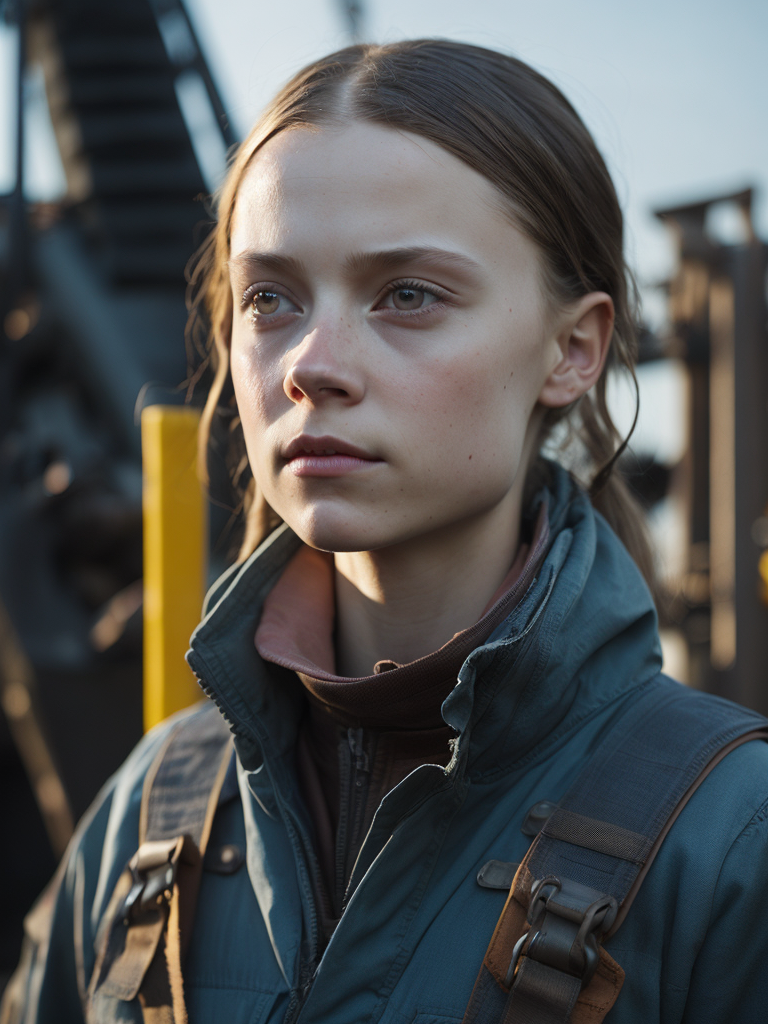 greta thunberg As oil rig worker, realistic, high detail, steampunk styled