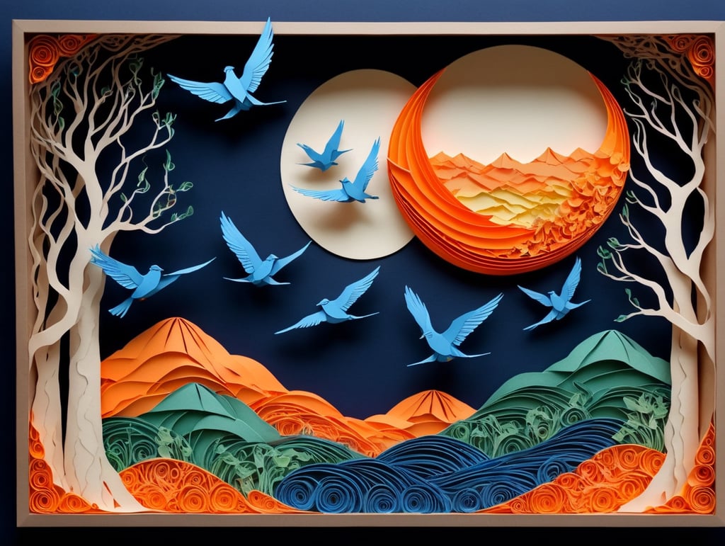 blue bird silhouettes, moon over mountain range, lake, trees, blues, greens and oranges, open space in middle, orange fruit, blue background