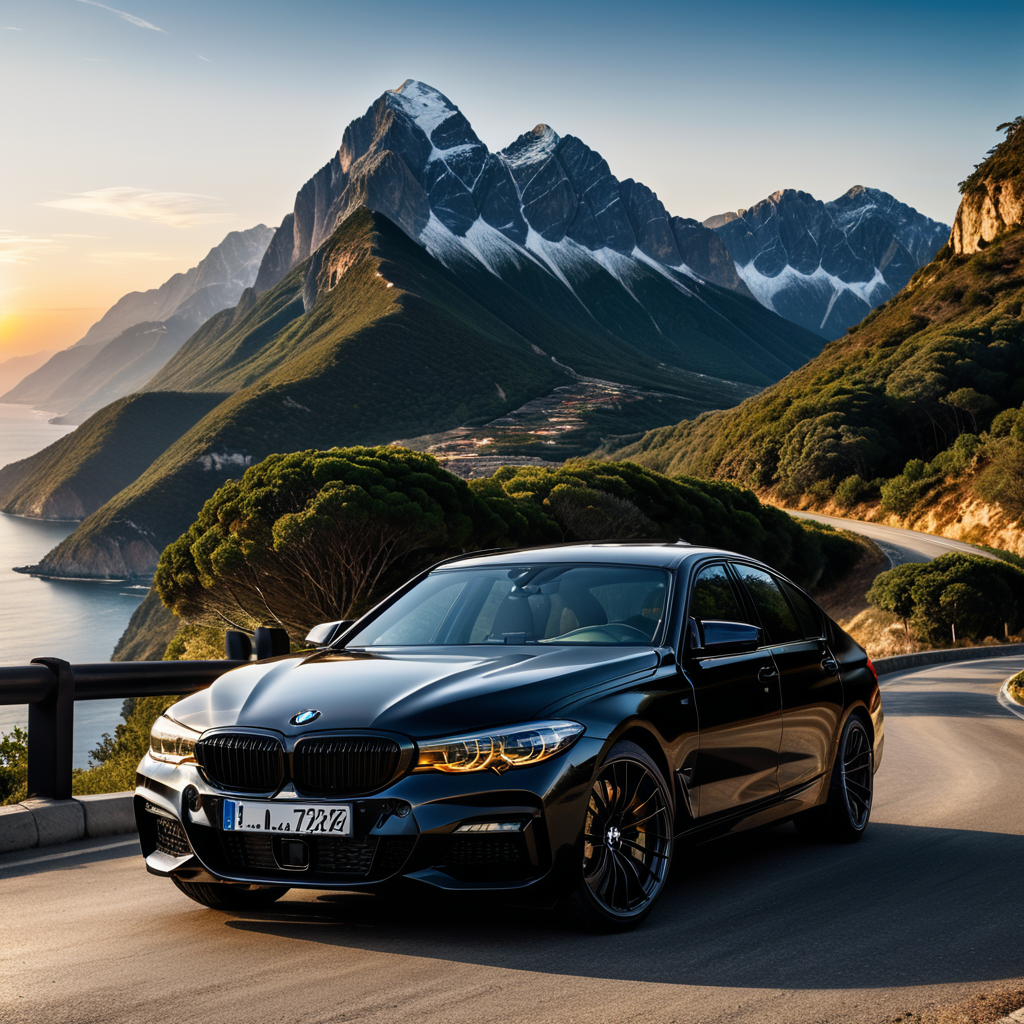 A beautiful black BMW Sedan standing on the mountain road,highly detailed evening time, Car Bonnet Stripes Graphics Hood, blue sea in the background of car, highly detailed car,highly detailed headlights and white DRL's, highly detailed matt finish colour, highly detailed Alloy Wheels, ultra realistic, photorealistic, 32k.