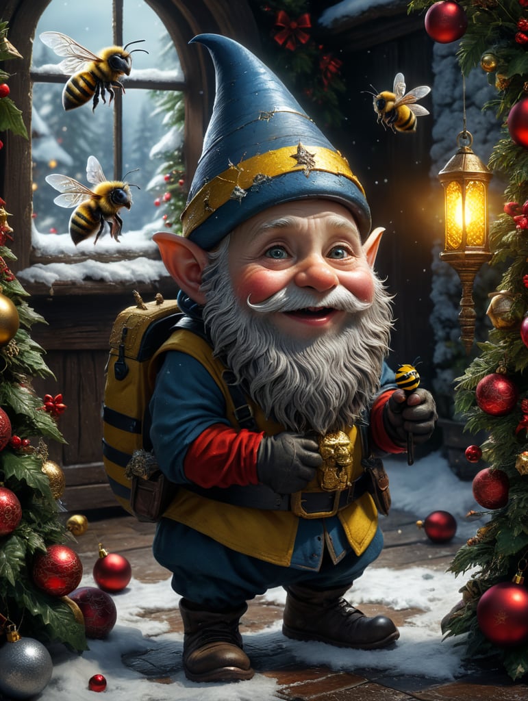 A little gnome meets Christmas with a bee
