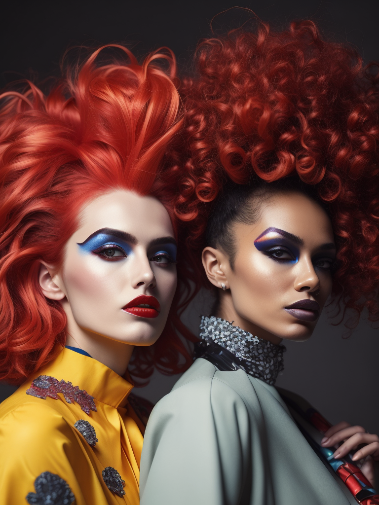 two women dressed in colorful clothing with large hair and make - up in the shape of clowns Avant-garde Fashion