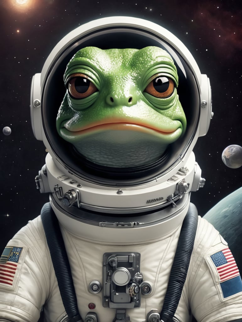 pepe the frog in the space she has a space suit that says Monad