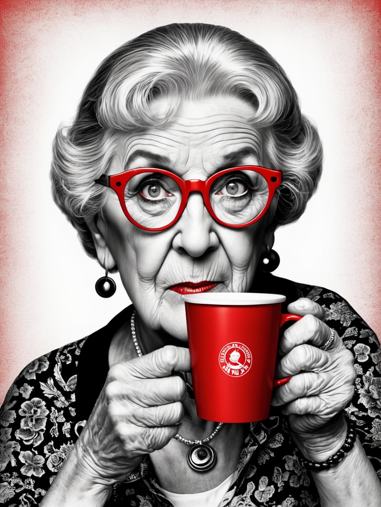 Miami granny holding a red cup eye-catching poster-style drawing and illustration representing the iconic pulp style.