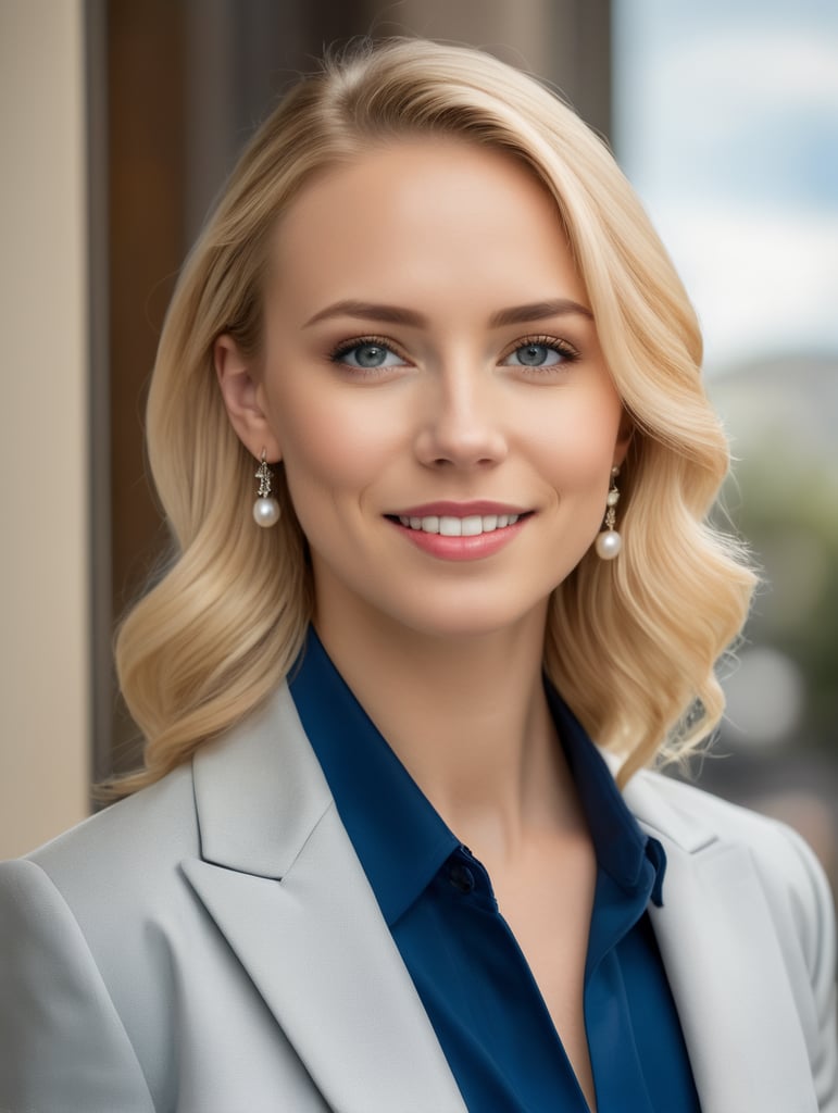 business lady young blonde enfas blonde ponders smiles blue jacket pearl earrings