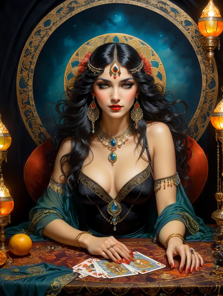 Rolf Armstrong, Edmund Dulac, art nouveau, 1920s vintage style, crisp details. Insanely detailed, dynamic pose, fairytale, nighttime, very beautiful Spanish gypsy fortune teller sitting at table with tarot cards, black cat, mysterious, gypsy caravan, intricate details, long hair, hypnotic eyes, perfect face, jewel tone colors, exquisite craftsmanship, oil paint