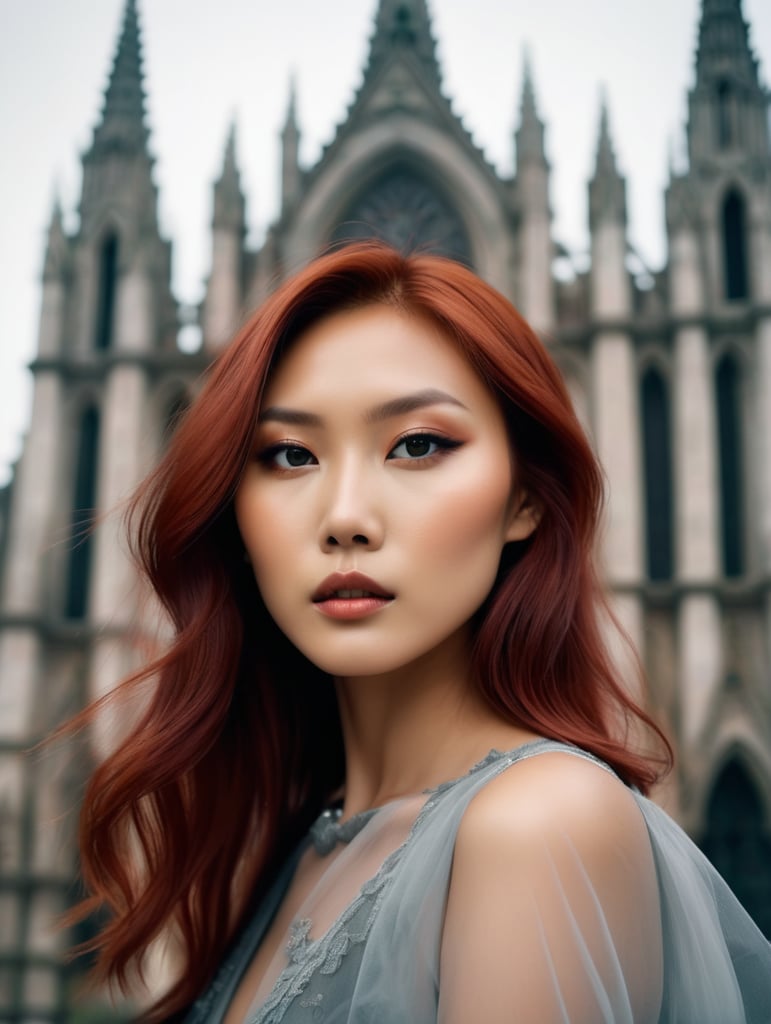 Portrait of beautiful asian fashion model with pale red hair, ethereal dreamy foggy, photoshoot by annie leibovitz, editorial fashion magazine photoshoot, fashion poses, in front of gothic cathedral architecture. kinfolk magazine. film grain. a soft smile