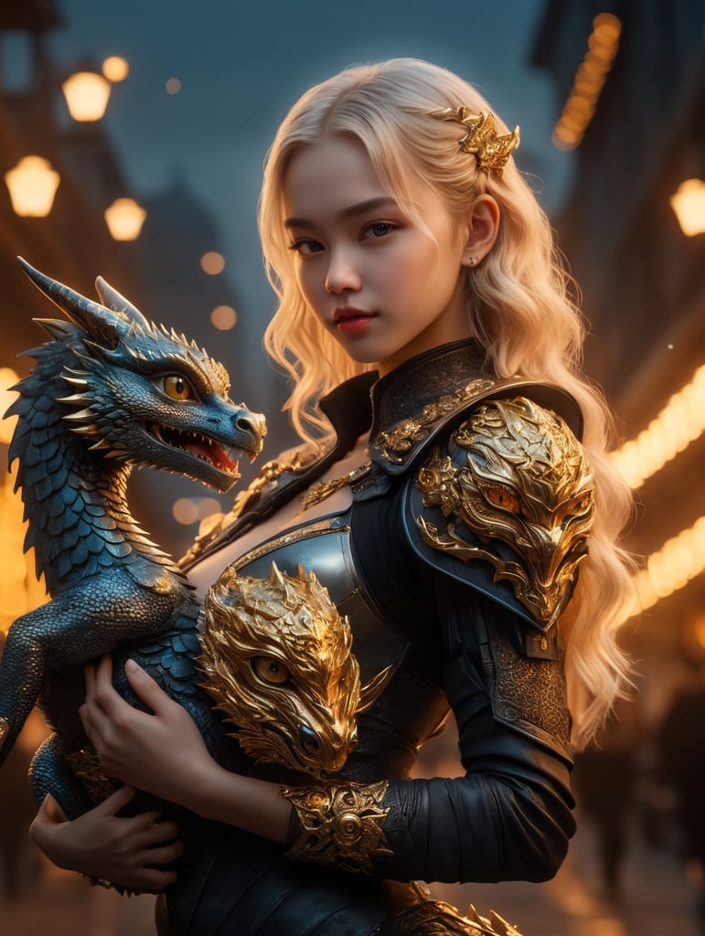 Cute young blonde headed cyberpunk girl holding her golden baby dragon, fantasy, exquisite detail, catch light, low contrast, high sharpness, depth of field, golden hour, ultra detailed photography, shiny stars in the sky