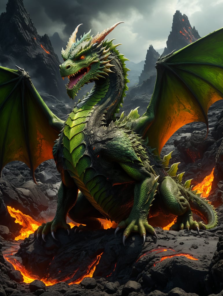 A green dragon on the lava