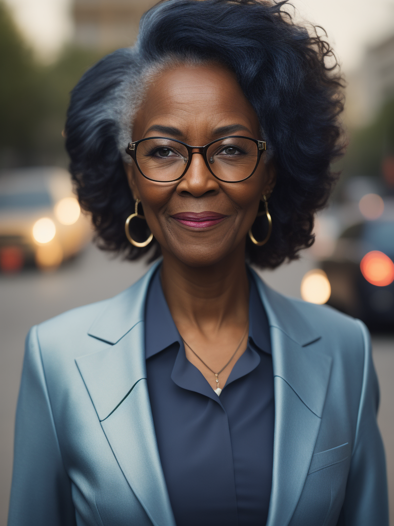 Attractive senior african-american woman with glasses walking confidently in a beautiful blue suit