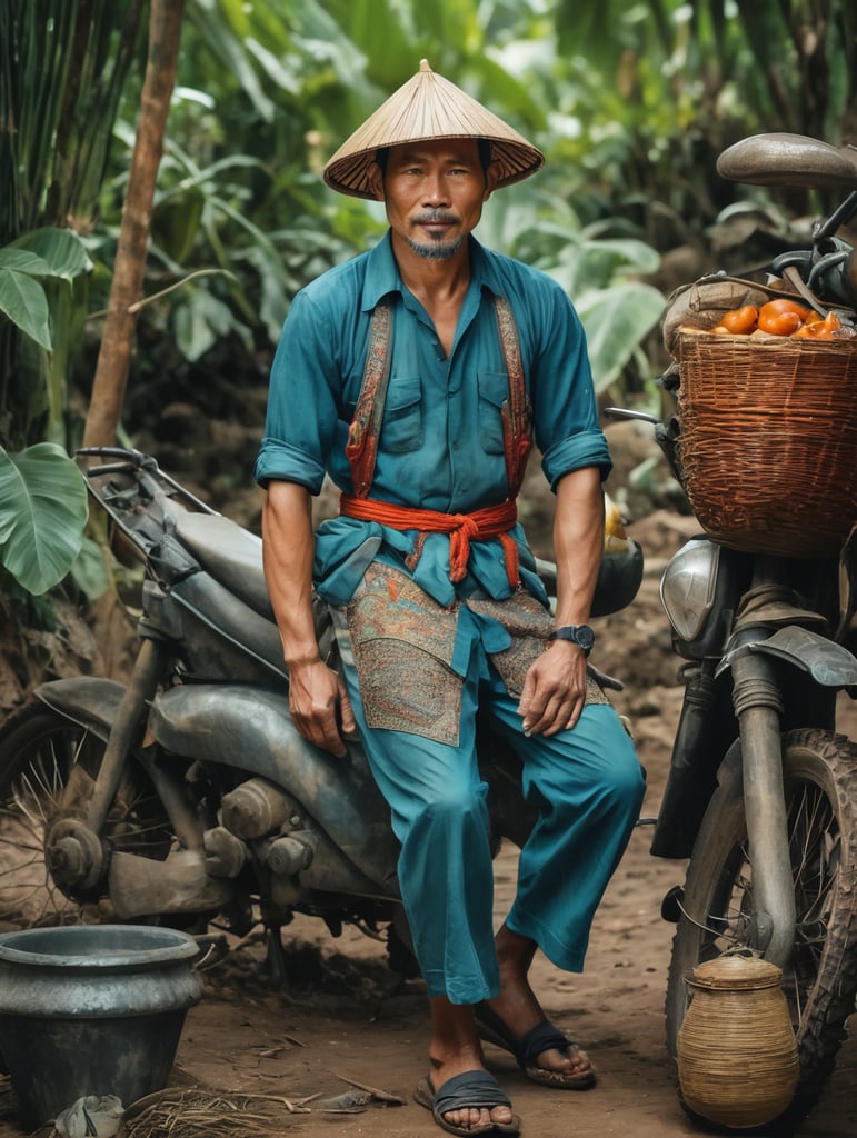 Vietnam, 40 year old man, working, full body image, creative image, high quality