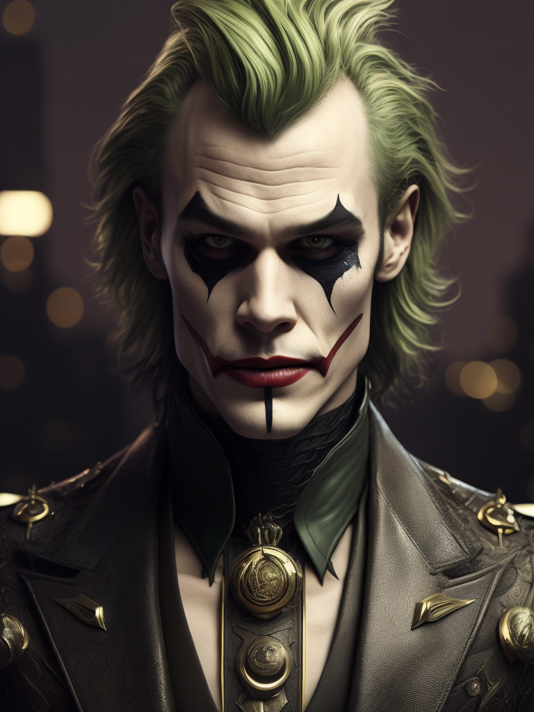 Ultra-sharp photography of male hero, heath ledger as dc joker sitting in an high fashion pose, bust shot, cybernetic face & body, perspective from under, + cinematic shot + dynamic composition, incredibly detailed, sharpen, details + pose from a hajime sorayama painting + steampunk suit with gold ornate armour attire with filigree details + futuristic city in background + evening with light + perfectionism + ultra detailed hair + ultra detailed skin + ultra detailed eye + dc joker in super haute couture + art by emil melmoth, giger, marcin nargraba, rebecca millen + high fashion + award winning realism + the composition is balanced and dynamic