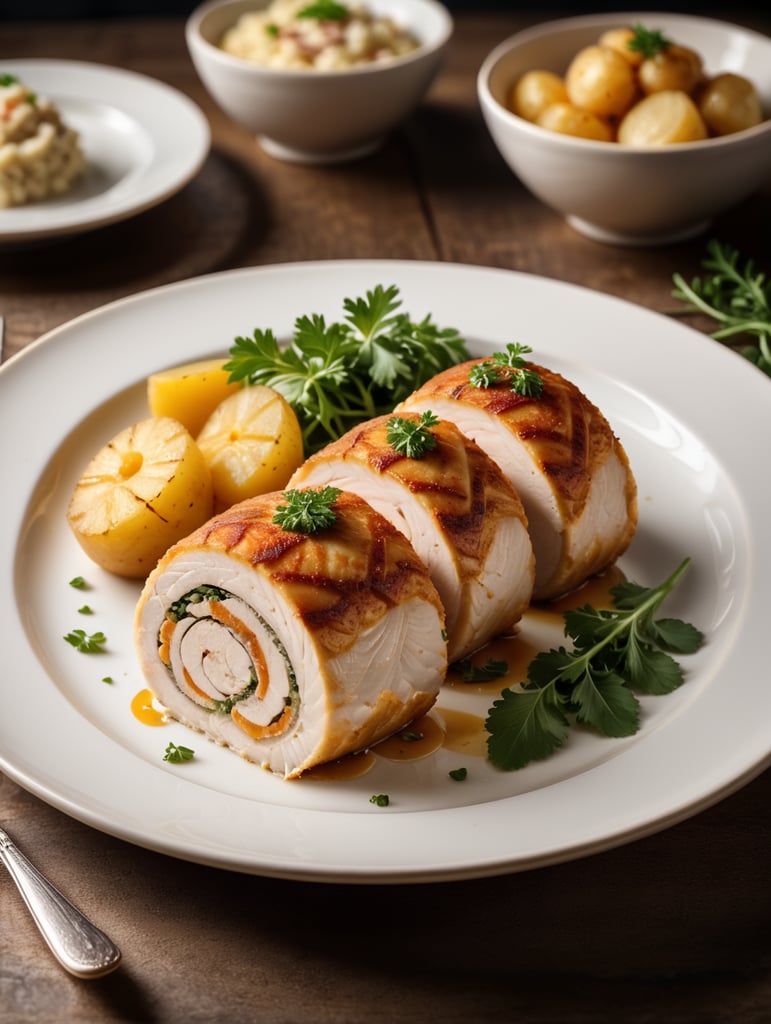 Rolade ayam kentang plating piring cantik, background meja makan mewah, professional food photography