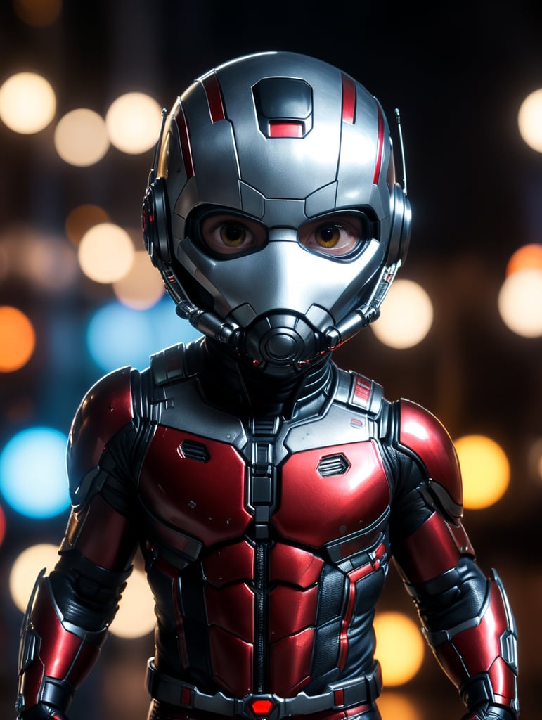 baby version of ant man marvel full body with black hair, full face,neon light photorealistic, masterpiece,full body photography, Ultra realistic, epic details, photorealistic, Cinematic, Ultra HD, Professional photography