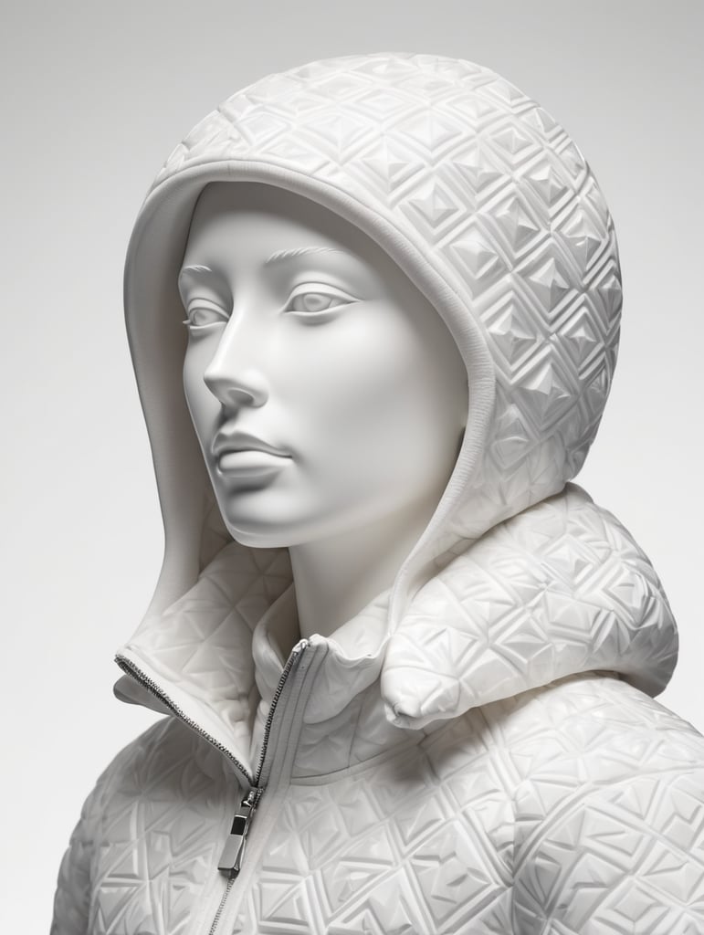 An ancient marble statue wears a modern puffer jacket of geometric pattern. Isolated black background.