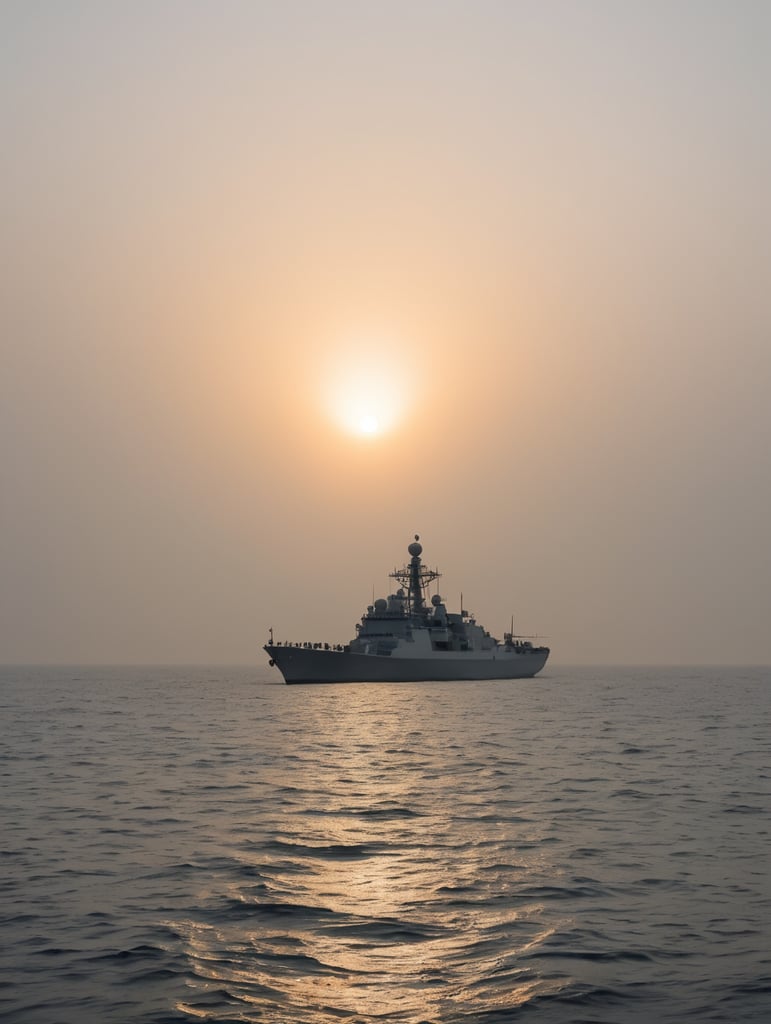 Sunrise in ocean with Indian navy