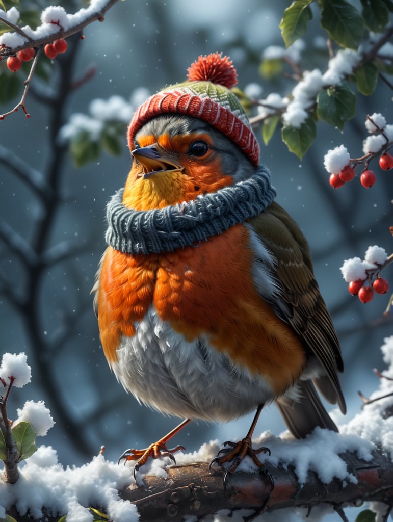 A robin sitting on a snowy branch, beak open singing, wearing a woolly hat and scarf