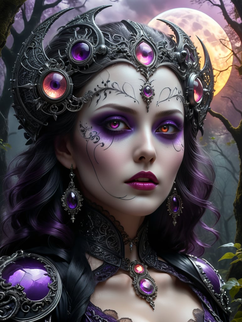a mysterious haunted mansion standing tall in the distance, surrounded by a dense forest of creepy trees. The moon is partially obscured by dark, ominous clouds, casting an eerie glow over the scene, ultrarealistic in front a witch & warlock rococo style dressed in purple black white , the which has neon glowing eyes and she looks at her likeness into the magical chroma reflection mirror, hyperdetailed fantasy photo with breathtaking intricate details, by WETA FX and industrial light and magic, intricate elaborate RTX enhanced CGI render by artist "american romanticism" -dramatic "film noir"" surreal dark black hues, surreal bright black colours , surreal dark white background,