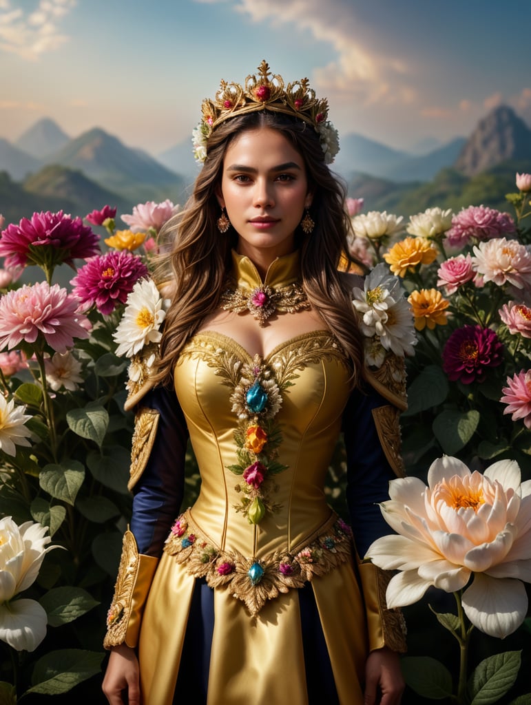 queen of flowers, with crowns of assorted flowers, and floral floral accessories, queen costumes of various flowers, full body, masterpiece, epic details, photorealistic, Cinematic, Ultra HD, Professional photography, ultrafine detailed, crazy details, intricate details.