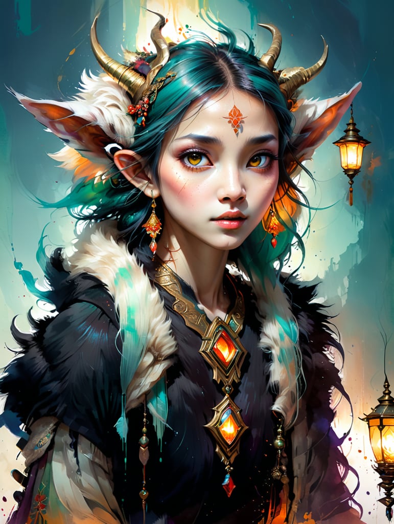 long elf ears, faun, lamp, furry, fur skin, goat eyes, sheep lips,wearing asian clothing, only one pair of ears.
