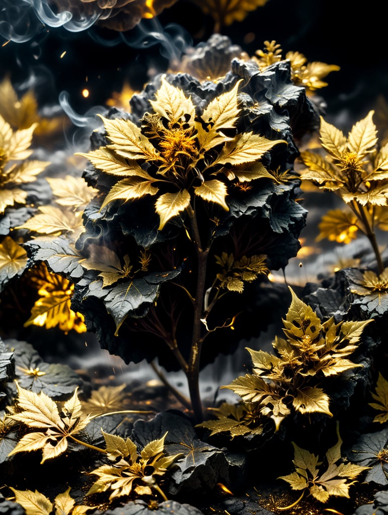 cured live resin concentrates exploding golden weed leaves floating in the gold ground, smoke 4k photo-realistic