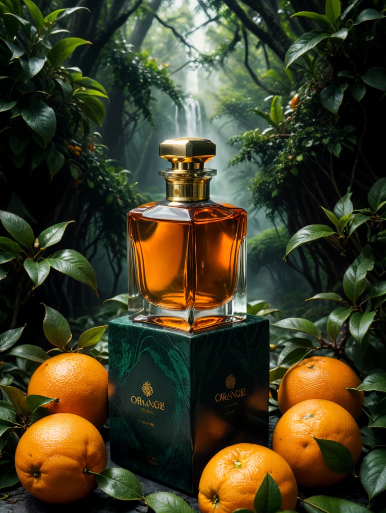 professional photography of a luxury perfume, orange fruits around, orange forest, green satin scarf, no label, clear, mockup