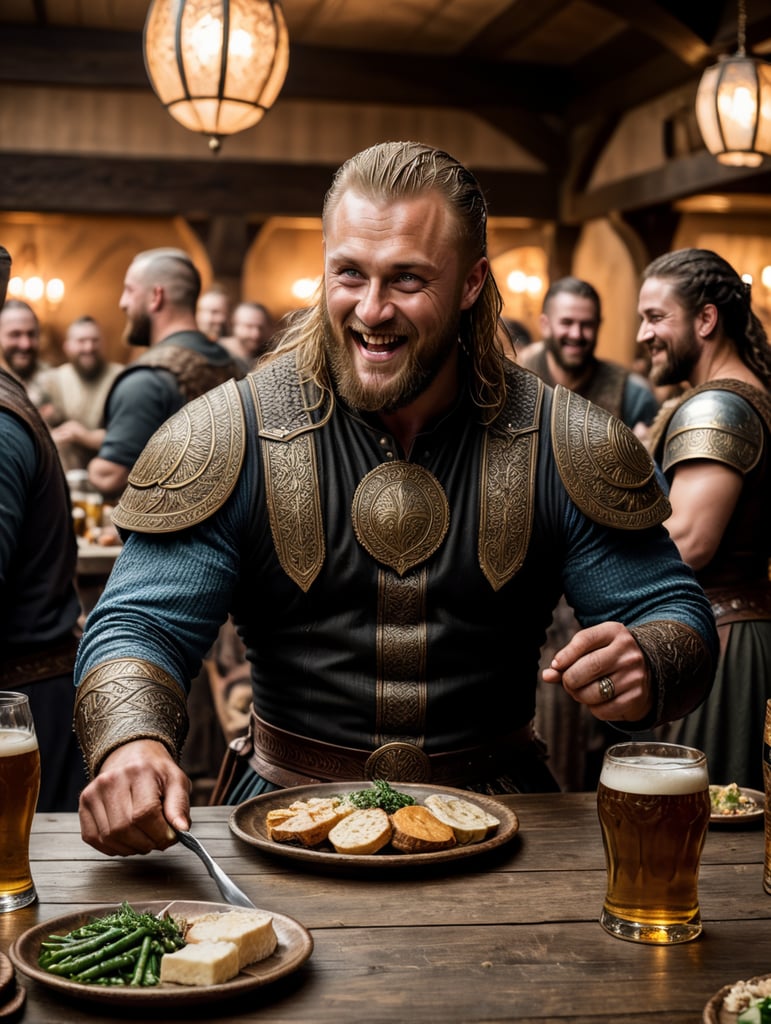 Ragnar Lothbrok having fun in Valhalla with the gods, a lot of food on the tables, women dancing, a lot of ale