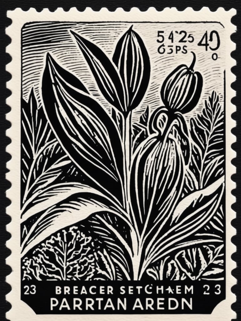 Black and white linocut postage stamp pepper garden thick bold dark lines