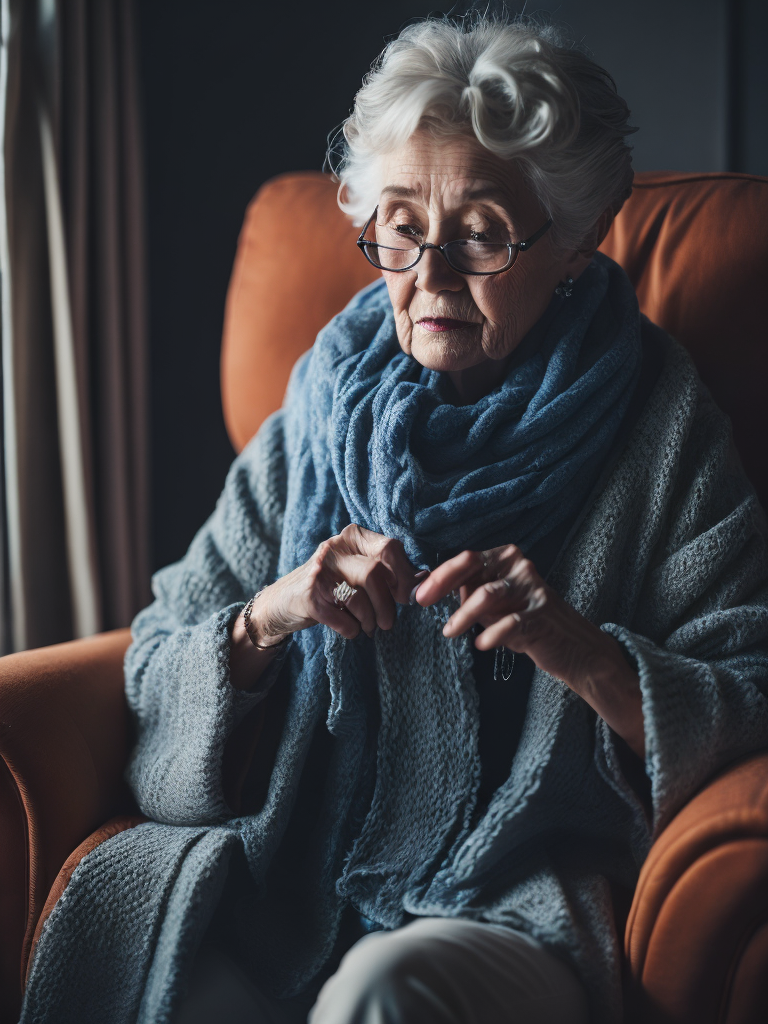 Grandma is sitting in an armchair, knitting a scarf
