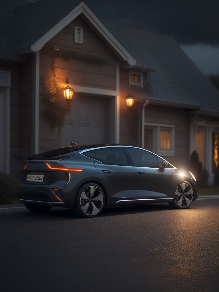 electric vehicle charging at night at house, dramatic lighting