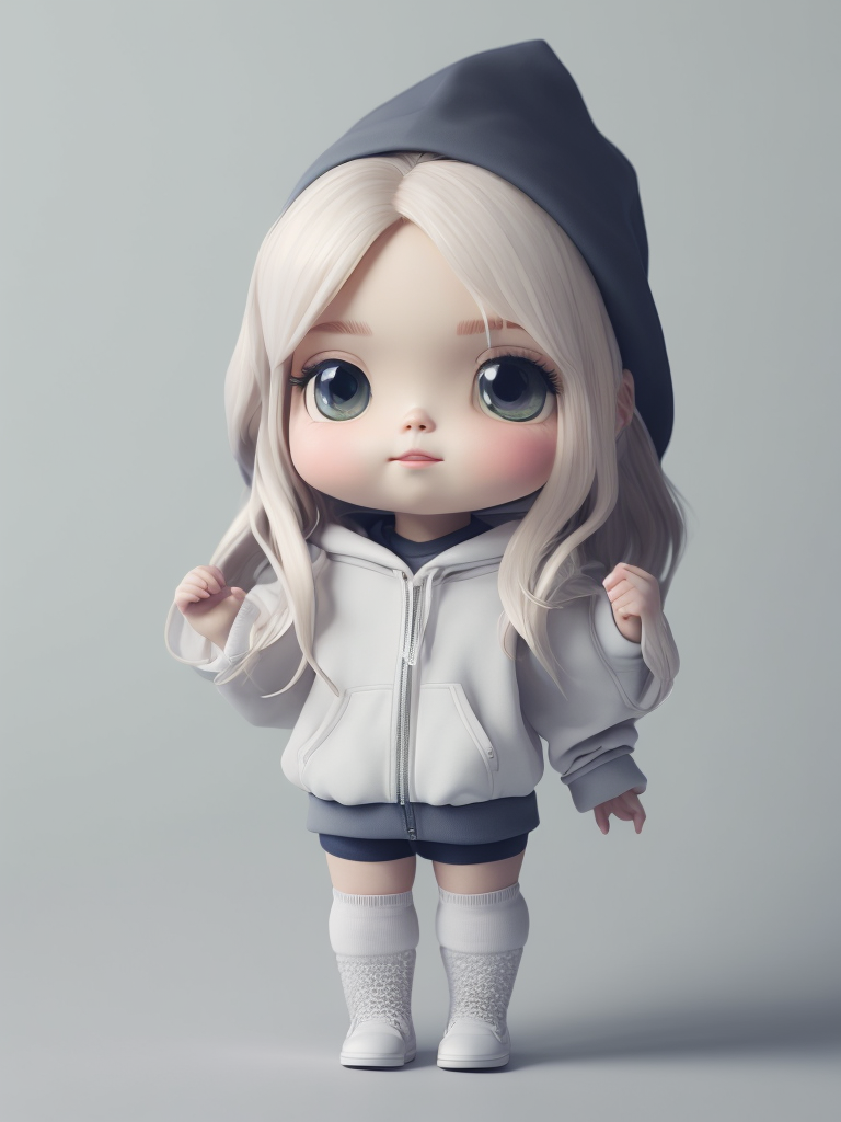 Chibi girl with long hair wearing oversized hoodie and thigh socks 3d render ultra quality hyperrealism