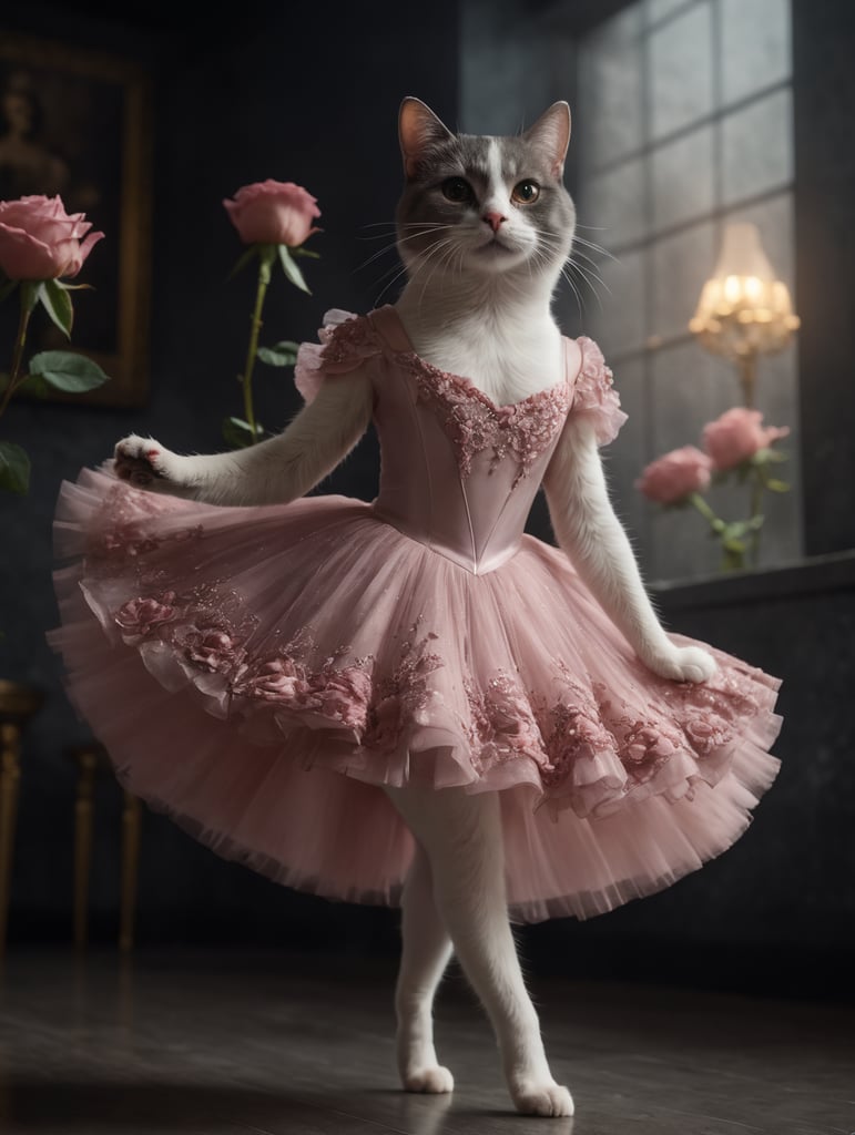 ballerina cat in a rose dress