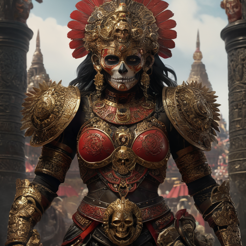 Itzpapalotl, aztec deity, woman with a skull face, black, red and gold armor