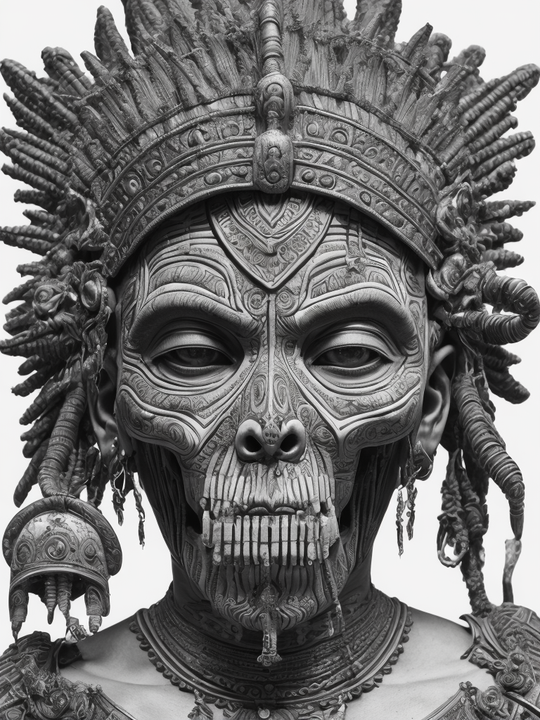 In this powerful and evocative image, mictlantecuhtli, the ancient aztec god of the underworld, emerges in all his ominous glory. rendered predominantly in stark black and white, with subtle gradations of gray, the depiction showcases the deity's menacing presence and serves as a testament to his authority. mictlantecuhtli's face embodies an intense fury, with furrowed brows and eyes ablaze with anger. his facial features are sharp and defined, with deep-set eye sockets that pierce through the darkness. elongated, bony structures form his skeletal visage, accentuating the otherworldly nature of his being. jagged teeth, stained and yellowed, protrude menacingly from his mouth, capturing his ferocity and instilling fear in those who behold him. the environment surrounding mictlantecuhtli reflects the essence of his era, transporting us to the aztec underworld known as mictlan.