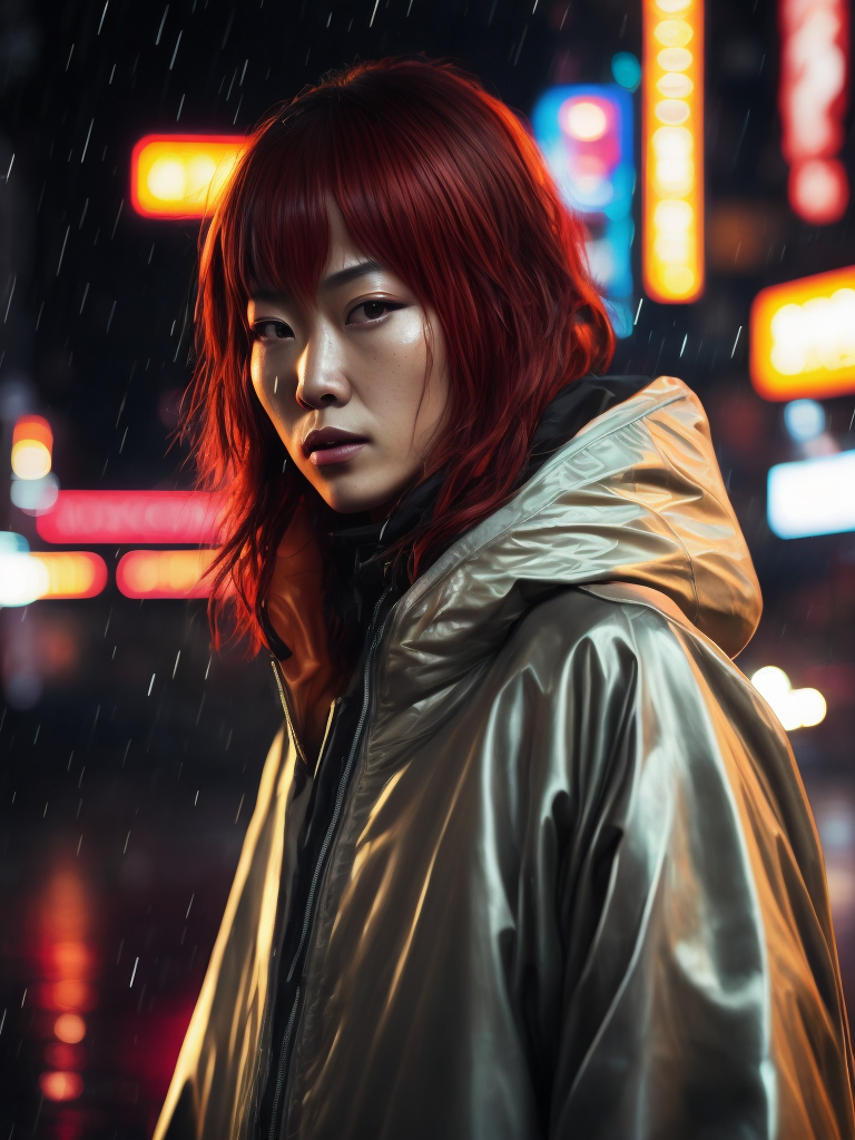 Portrait of Kaori from akira wearing transparent raincoat, rainy neo tokyo photoshoot, cyberpunk, Vivid saturated colors, Contrast light, studio photo, professional photo, Detailed image, detailed face